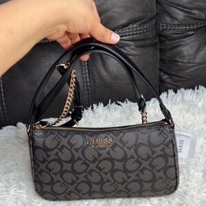 GUESS Black Monogram Shoulder Bag with Gold Hardware